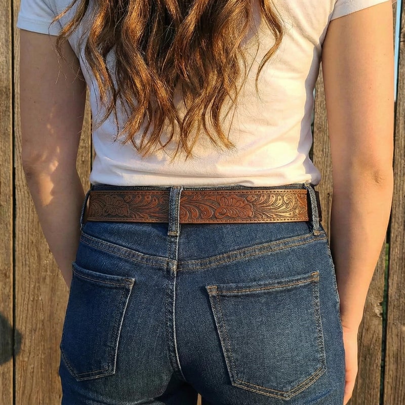 BC Belts حزام جلد غربي BC - حزام بعرض 1.5 بوصة مزخرف بنقوش بارزة للرجال والنساء رعاة البقر (بني-M) - Image 3
